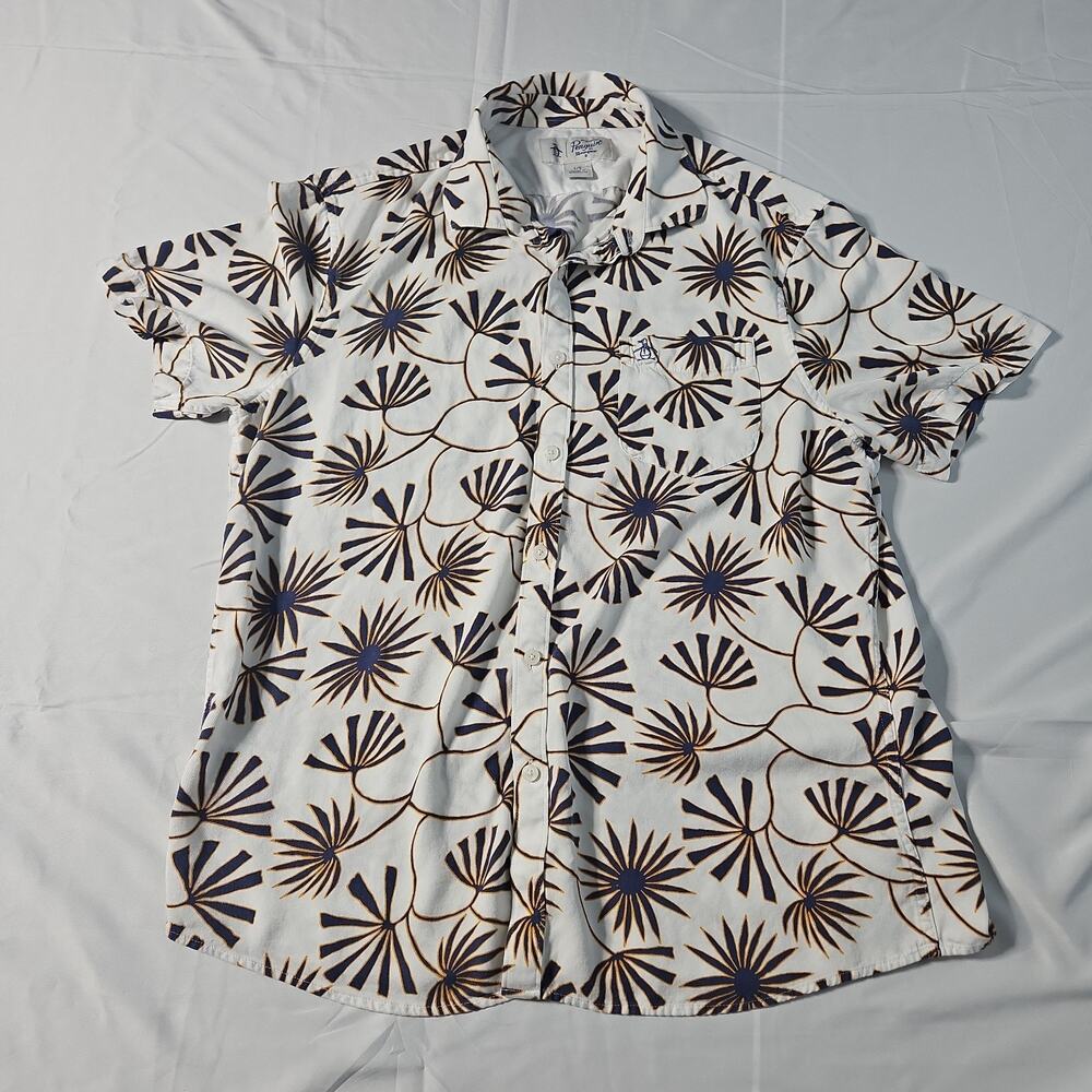 Original Penguin Mens L Viscose Tropical Camp Shirt White Floral Button Up